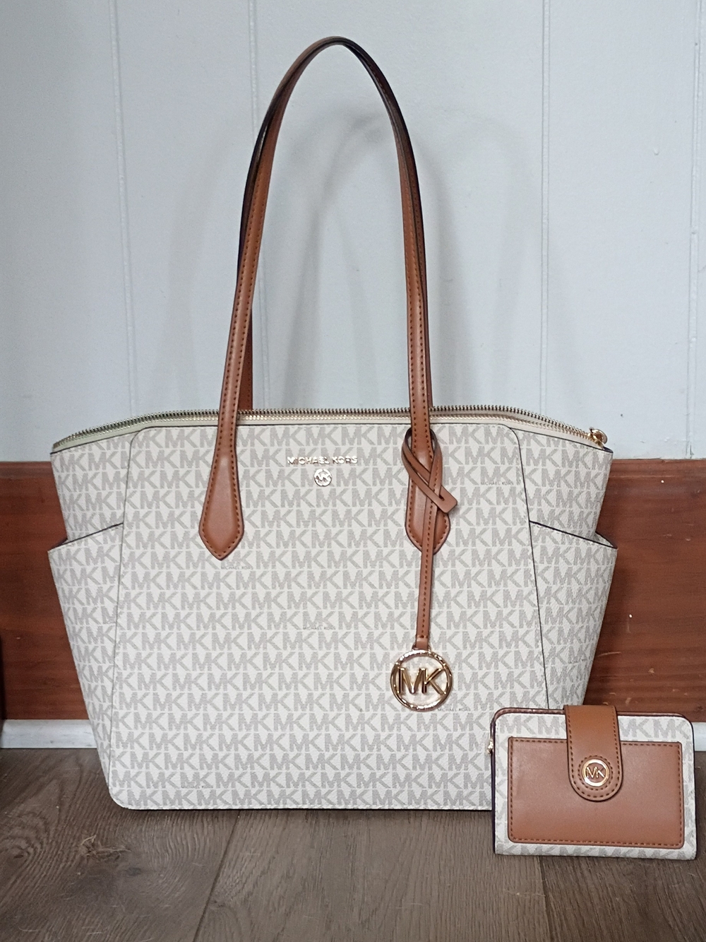 Michael Kors Beige Signature Tote with Brown Trim and Wallet